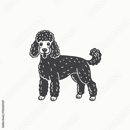 Cute vector illustration of a Poodle's head with bright eyes and a friendly expression Black silhouette Engraving Style Vector illustration