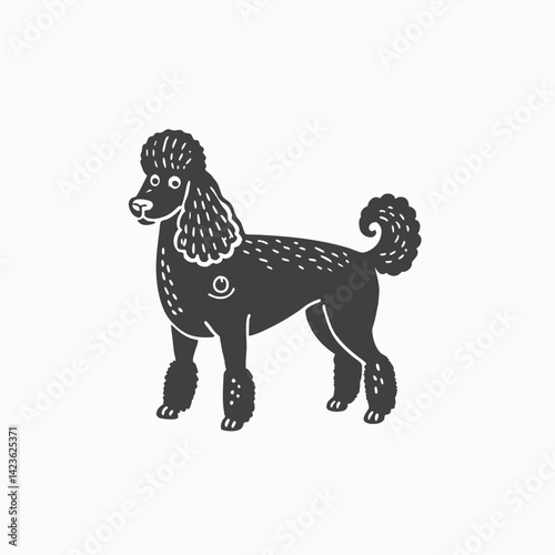 Cute vector illustration of a Poodle's head with bright eyes and a friendly expression Black silhouette Engraving Style Vector illustration