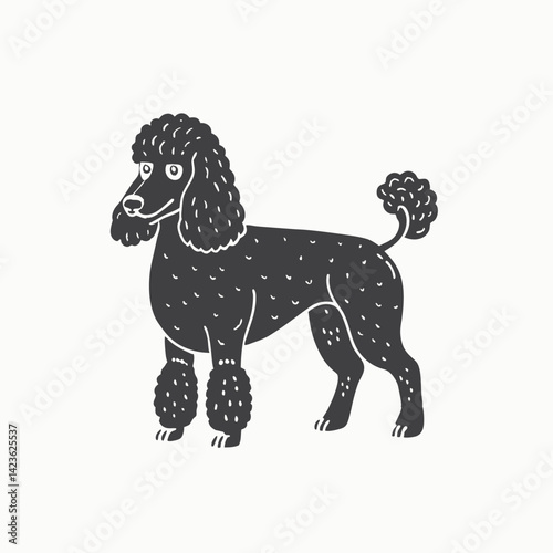 Cute vector illustration of a Poodle's head with bright eyes and a friendly expression Black silhouette Engraving Style Vector illustration