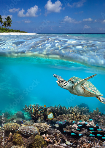 Turtle and tropical reef in French Polynesia in the South Pacific Ocean.