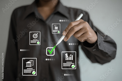 A person uses a digital pen to check off items in a floating interface filled with checklist-style elements and documents, representing digital task management.