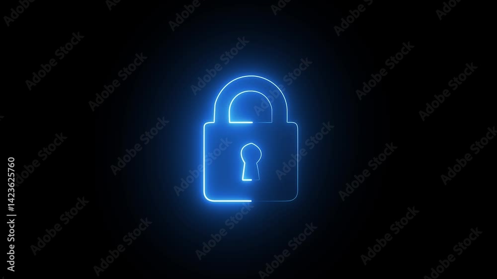 abstract neon glowing lock icon animation in blue color security encryption privacy padlock protection sign symbol on black background. abstract neon glowing lock icon animation in blue color security encryption privacy padlock protection sign symbol on black background.