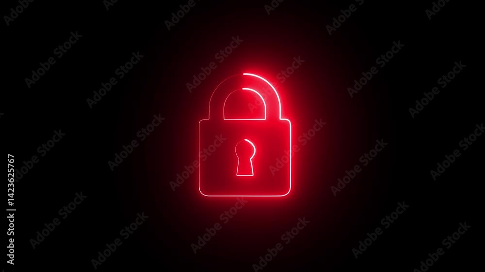 abstract neon glowing lock icon animation in red color security encryption privacy padlock protection sign symbol on black background. abstract neon glowing lock icon animation in red color security encryption privacy padlock protection sign symbol on black background.