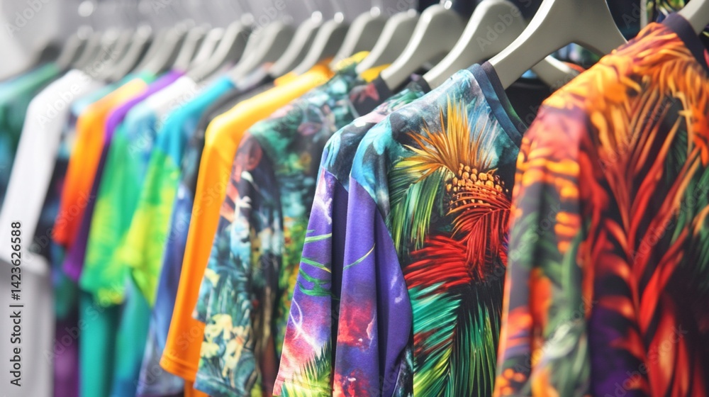 Obraz premium A vibrant collection of tropical patterned shirts hanging on a clothing rack, showcasing colorful designs and fashion style