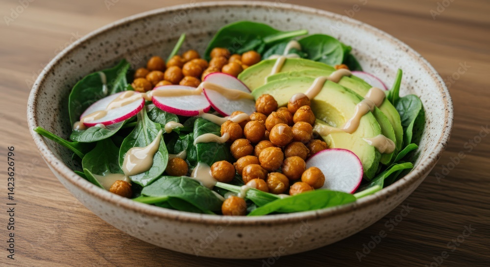 Salad bowl with spinach chickpeas radish avocado and dressing on wooden surface. Salad bowl with spinach chickpeas radish avocado and dressing on wooden surface.