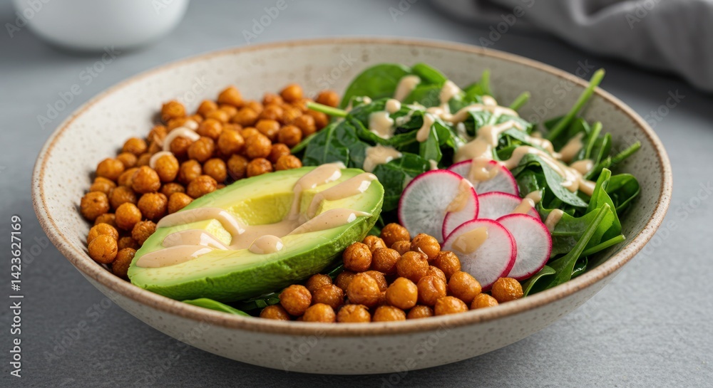 Bowl with chickpeas avocado spinach radishes and dressing on a gray surface. Bowl with chickpeas avocado spinach radishes and dressing on a gray surface.