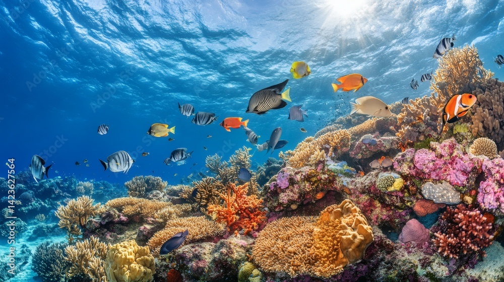 Fototapeta premium Vibrant coral reef teeming with colorful fish, underwater scene, ocean background, perfect for travel brochures