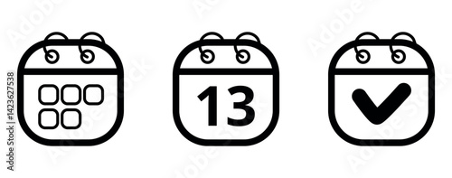 Collection of simple rounded and hollow icons on transparent background for websites and graphic resources, flat calendar icon with specific day marked, day 13.