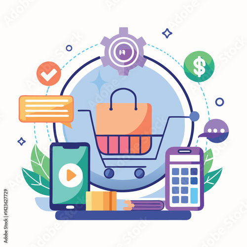 Modern vector logo design featuring elements of e commerce platform with digital icons illustrating shopping, transaction, and user interaction