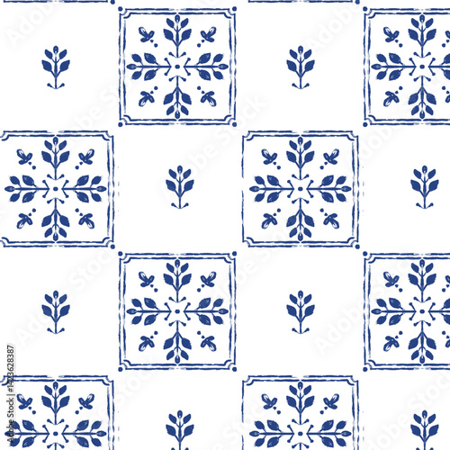 A vector hand-drawn Italian style ornament pattern. Symmetrical floral and abstract motifs, and a rustic Mediterranean charm. Perfect for use in textile design, home decor, wallpaper, packaging. 