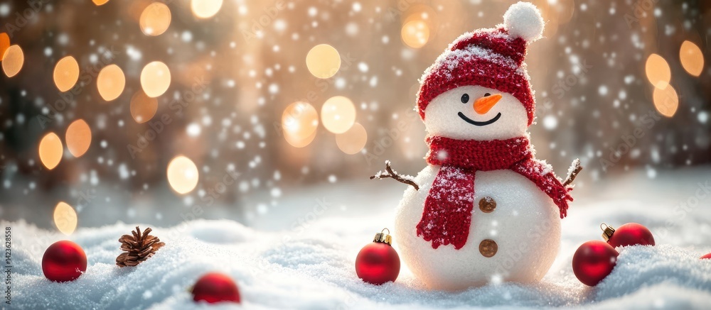 Obraz premium Festive snowman, snowy scene, winter lights, holiday card