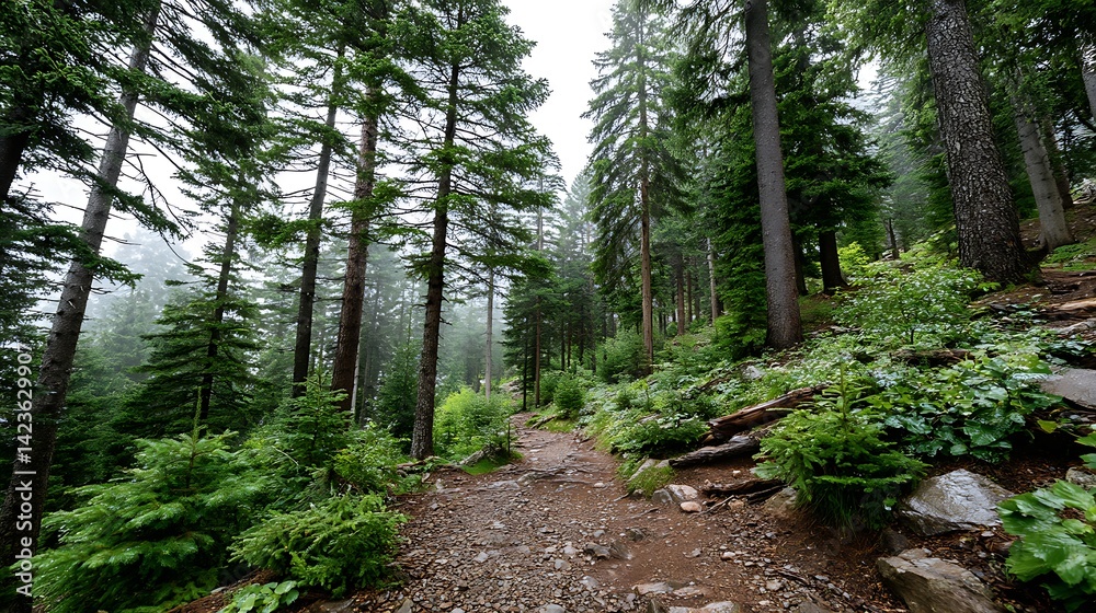 Obraz premium Foggy Oregon Forest Trail in Moody and Serene Landscape Setting