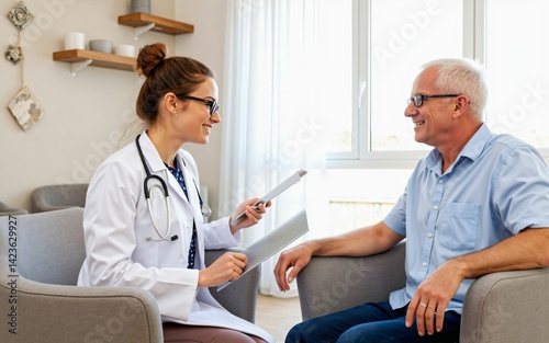 Caring medical care moment in a comfortable clinic examination room with a young female doctor talking gently with an elderly male patient and carefully listening to his symptoms and health condition