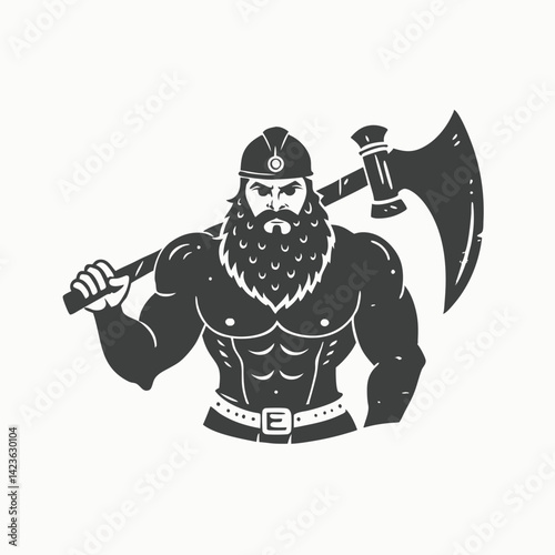 Black silhouette viking warrior or barbarian strong mascot flexing. Cartoon viking barbarian icon vector illustration