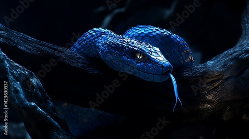 Blue Snake Resting on Branch with Tongue Out in Dark Nature