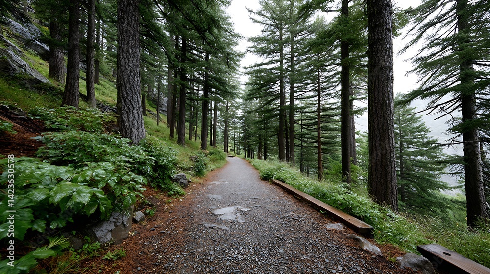 Fototapeta premium Foggy Moody Forest Trail in Oregon Landscape Serenity