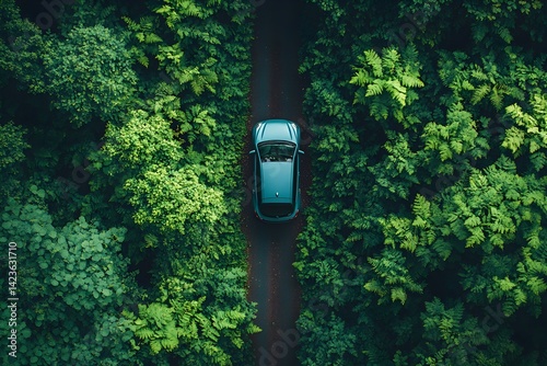 aerial top-down view of a small modern car driving on a narrow road through a dense green forest, symbolizing eco-friendly transportation and clean energy travel. electric car in forest