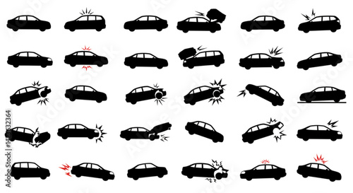 Crashed Cars vector Car accident icons set , vector set PNG clipart