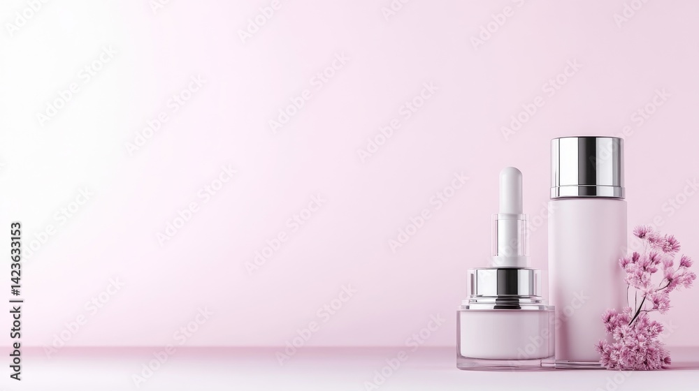 Elegant skincare products displayed on a soft pink background. Gentle, hydrating, and luxurious formulations Elegant skincare products displayed on a soft pink background. Gentle, hydrating, and luxurious formulations