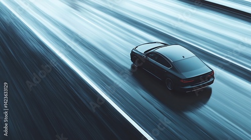 Driving Dark Car on Blurry Road with White Lane Markings Concept