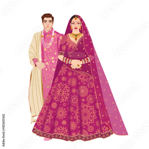 Young Indian Couple Standing Wearing Royal Luxurious Pink Sherwani And Lehanga. 