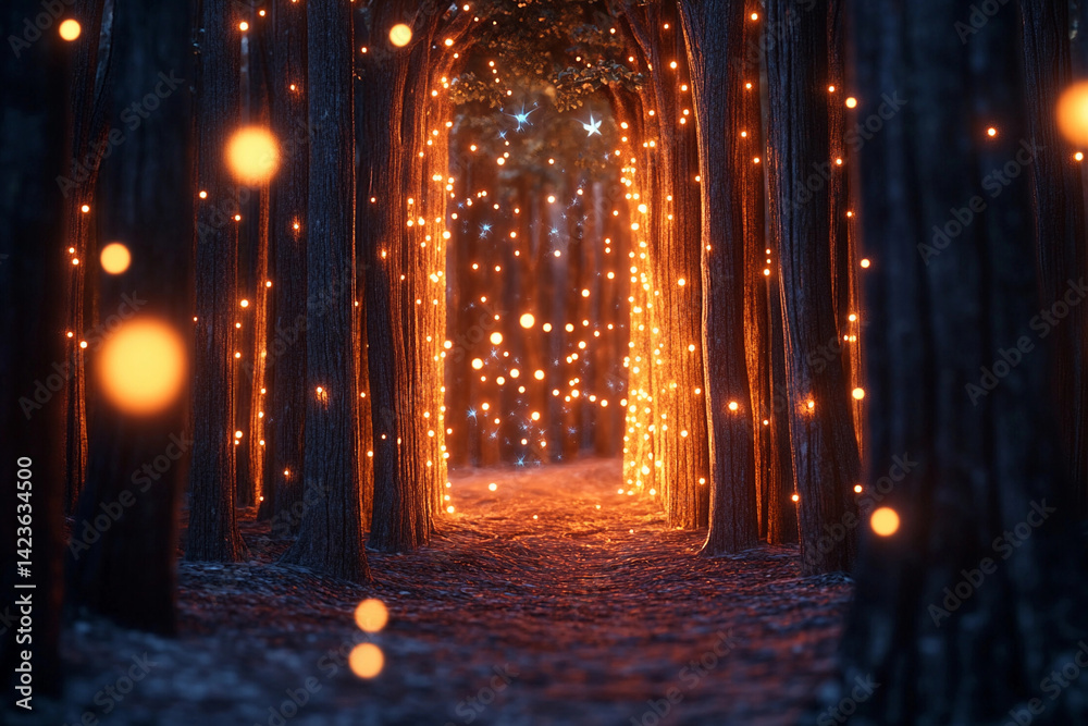 Obraz premium Magical forest pathway illuminated by glowing lights at twilight