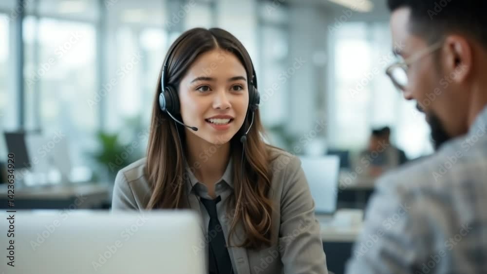 Smiling Woman Providing Customer Service with Headset in Bright Office Smiling Woman Providing Customer Service with Headset in Bright Office