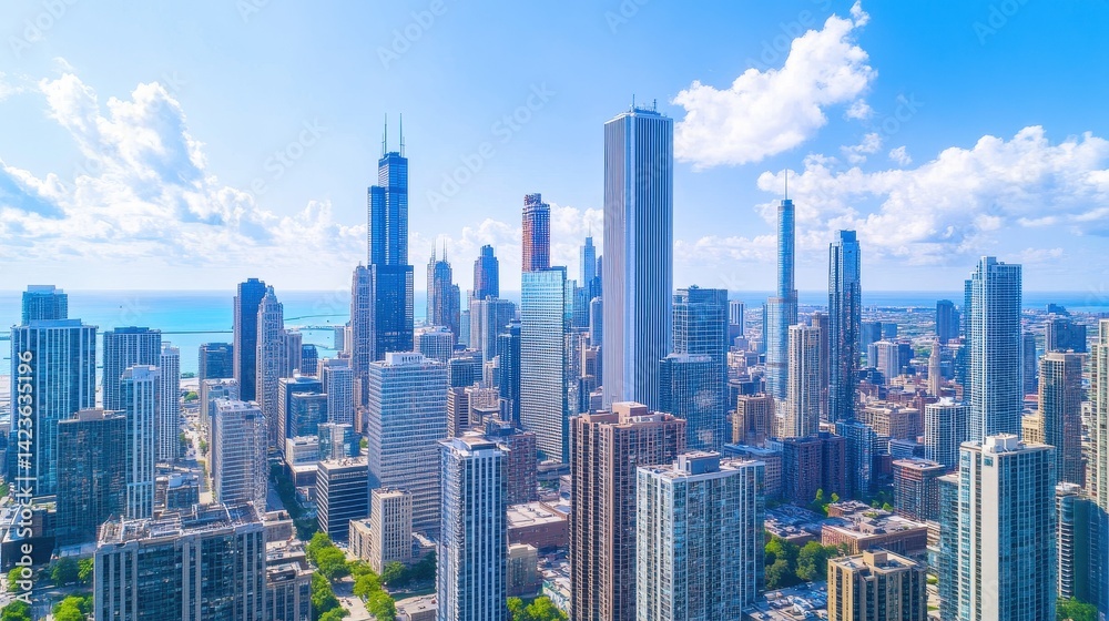 Naklejka premium Aerial view of a vibrant city skyline under a clear blue sky with clouds and lake in background