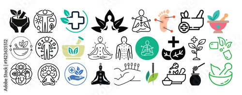 Set of Alternative Medicine, Holistic Healing, Yoga, Acupuncture and Herbal Remedies icon set collection vector design.