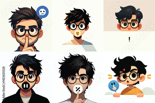 Shh! Cartoon Boy Expressions Set