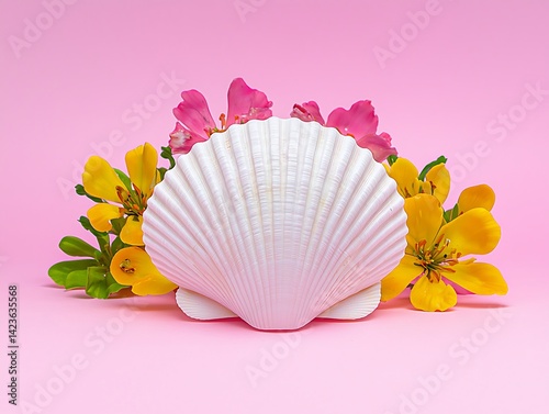 Seashell & Flowers Pink Background