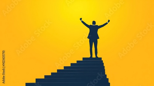 Wallpaper Mural Triumphant businessman atop stairs, yellow background, success concept Torontodigital.ca