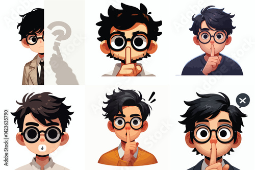 Shh! Cartoon Boy Expressions Set