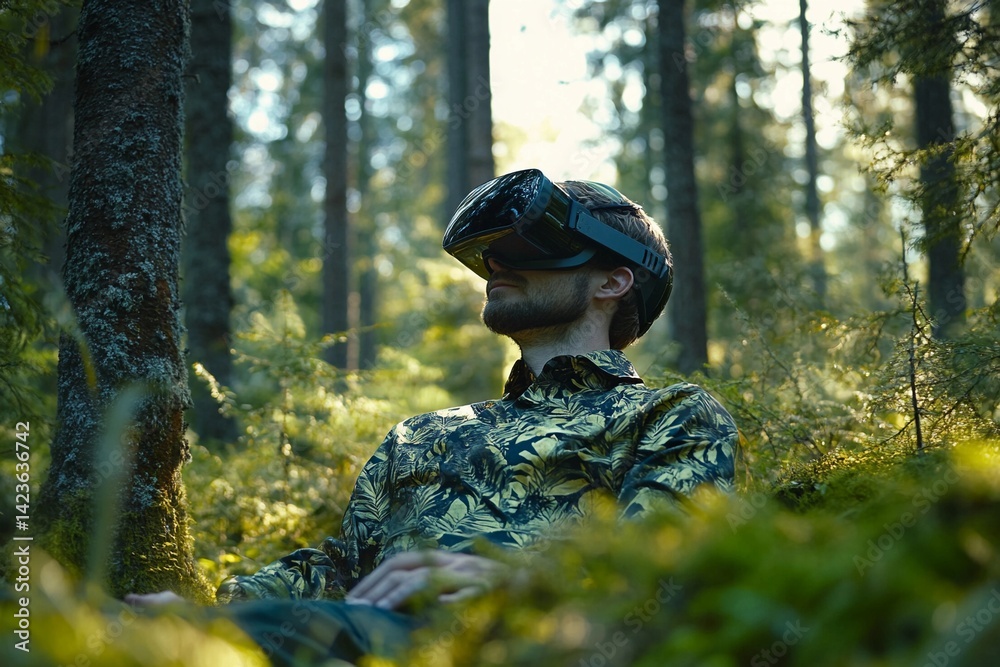 Man using virtual reality headset in a dense forest during a calm afternoon Man using virtual reality headset in a dense forest during a calm afternoon