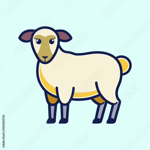 Cute cartoon lamb stands sideways with soft cream wool color and trim