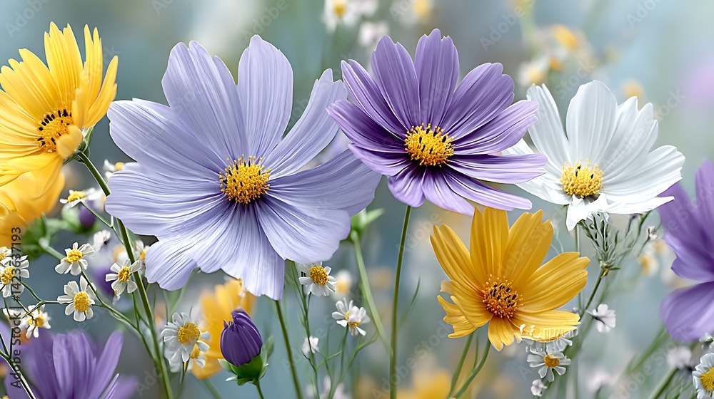 Fototapeta premium Pastel Botanical Illustration of Wildflowers in Soft Colors