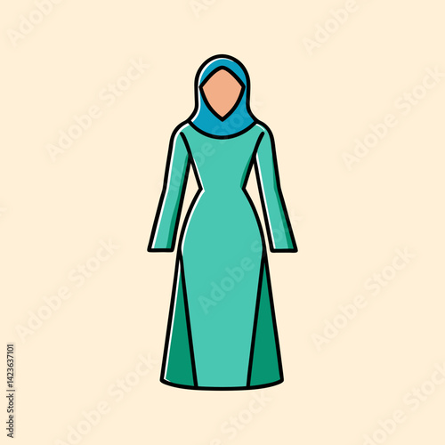 Illustration of a modest Muslim woman wearing a teal dress and hijab