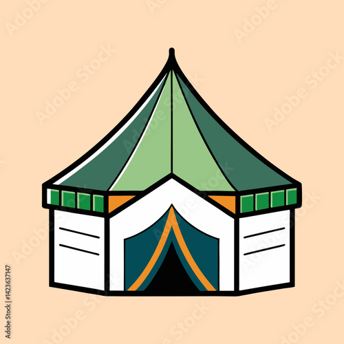 Illustration of a whimsical green and white circus tent against pale background