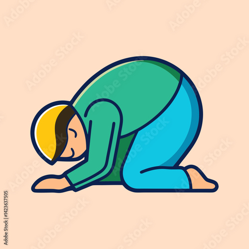 Stylized illustration of a person in a bowing or prostrating position