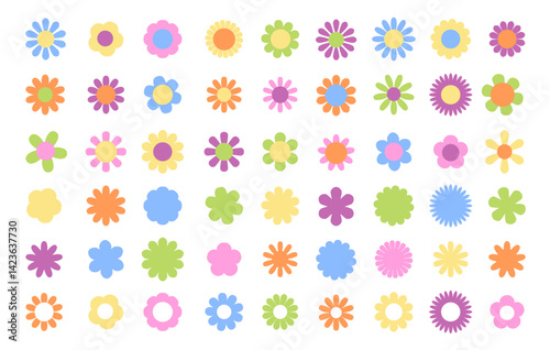 Set of abstract flowers in brutalist style. Modern vector illustration on black background. Geometric flower set. Abstract minimal daisy elements. Brutalist design. Vector illustration	