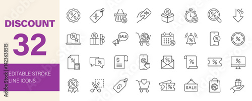 Discount icon set. Shopping related line icons: sale, coupon, shop, e-commerce, promotion, outlet, offer, credit, price card and more. Editable stroke. Vector illustration.