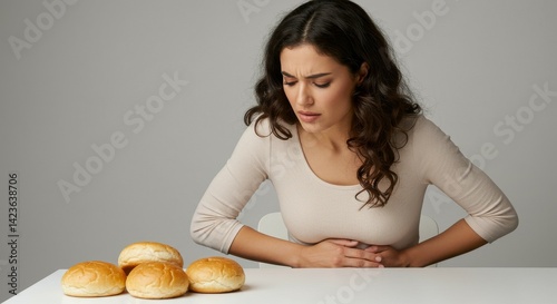 Woman Experiencing Stomach Pain After Eating Bread, Looking Down
