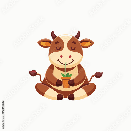 Cute cow hand flower is meditating or doing yoga. Animal cartoon concept isolated on transparent background