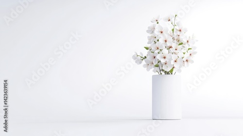White Flowers in Minimalist Vase Simple Modern Style High Resolution Soft Lighting Horizontal Close-up View Delicate Petals Peaceful Arrangement White Background Serene Mood Website Design