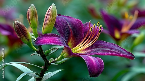 A bloom has dark purple petals that curve backwards and outwards. The center has stamen that are long and have yellow tips