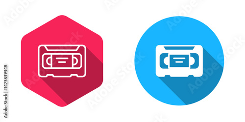 Filled and outline VHS video cassette tape icon isolated with long shadow background. Vector