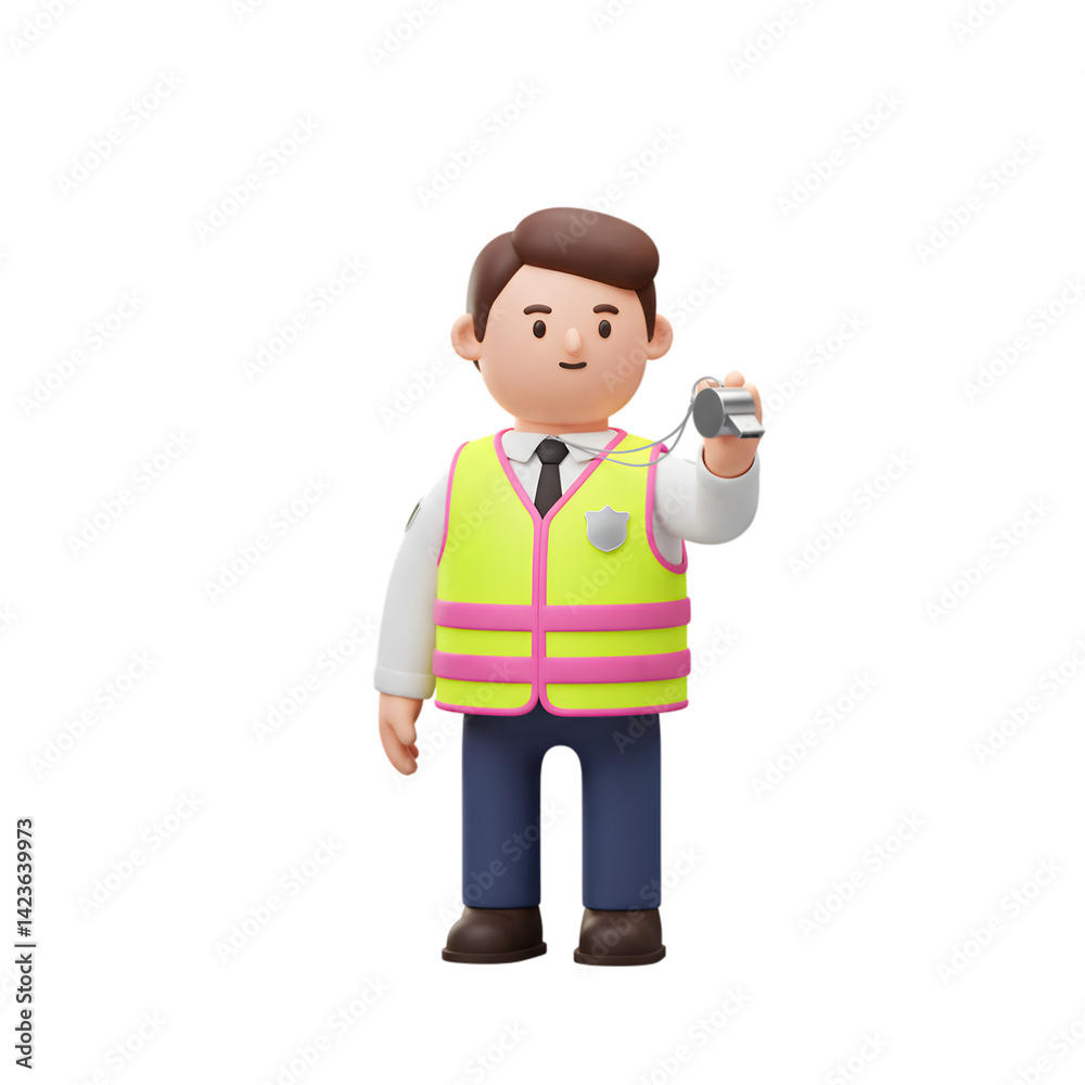 Cartoonish referee character with whistle in uniform, ready to supervise games Cartoonish referee character with whistle in uniform, ready to supervise games