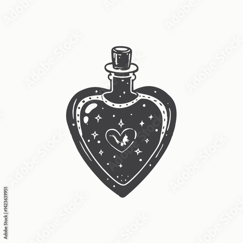 Hand drawn love potion bottle .Perfume in a heart-shaped bottle, vector doodle illustration.