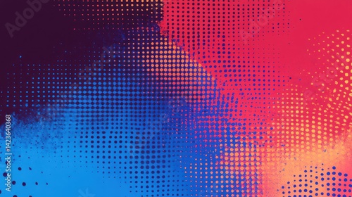 Abstract digital art, red blue gradient, halftone dots, background texture