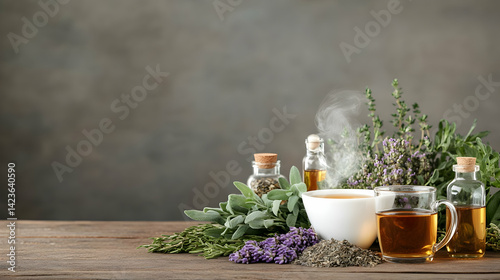 Aromatic herbal tea composition with essential oils and fresh herbs arrangement
